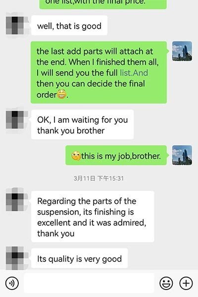 WhatsApp conversation showing positive feedback about product quality