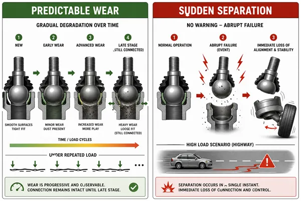 Two ball joint failure profiles: predictable wear vs. sudden separation