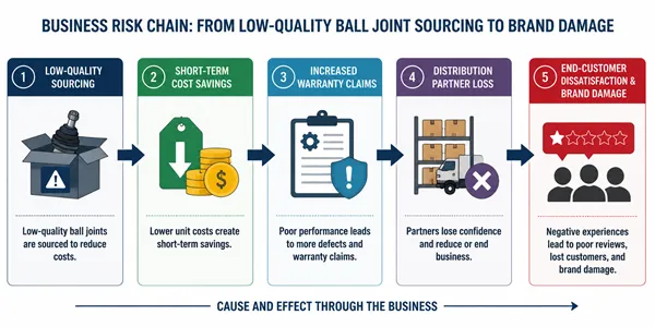 Business risk chain from low-quality ball joint sourcing to brand damage
