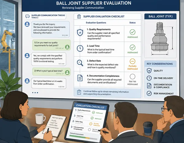 Procurement manager evaluating ball joint supplier communication