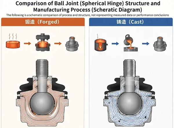 Forged vs Cast Ball Joint Manufacturing Process Comparison Forged vs cast ball joint cross-section comparison