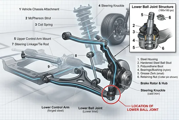 Lower ball joint structure and location in suspension system