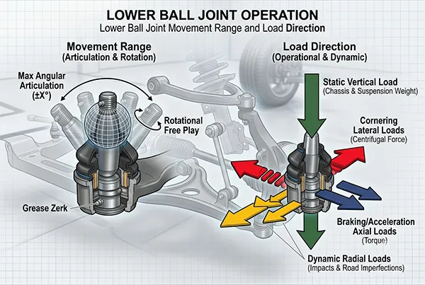 Lower ball joint movement range and load direction