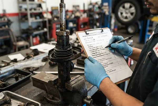 Shock absorber return inspection checklist Inspection checklist for returned shock absorber showing dust boot and piston rod condition