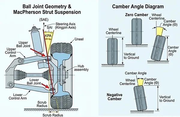 Ball joint geometry and camber angle diagram