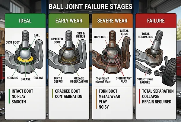 Ball joint failure stages and wear severity