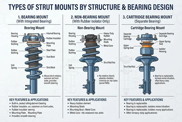 types of strut mounts by structure and bearing design