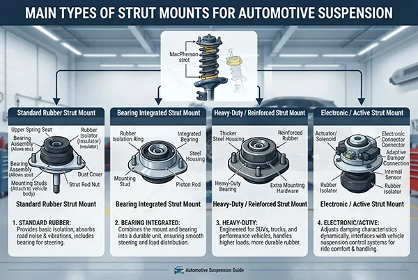 main types of strut mounts for automotive suspension