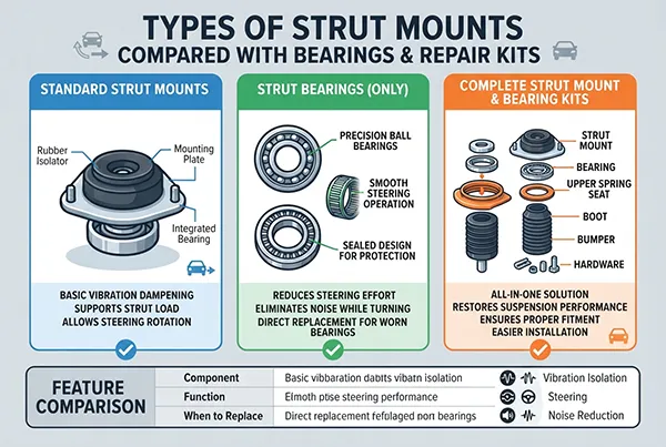 types of strut mounts compared with bearings and repair kits