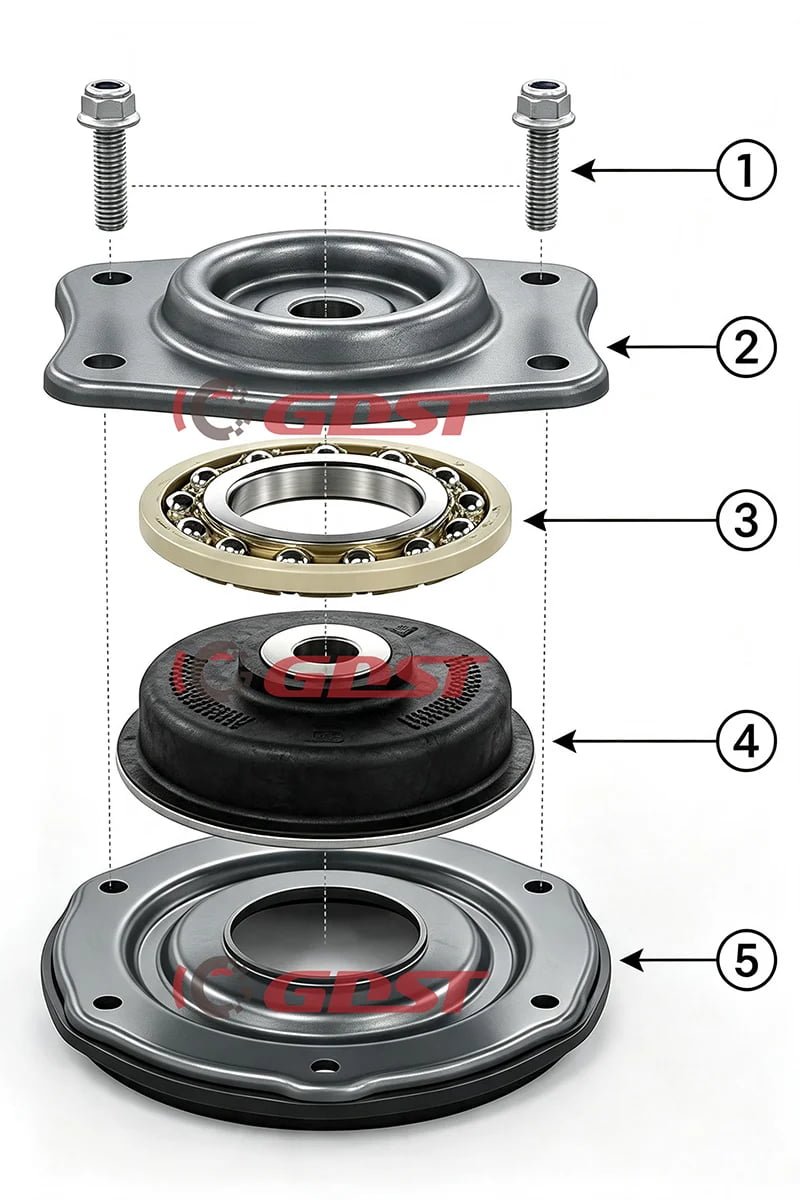 Exploded view of a GDST strut mount with components numbered one through five