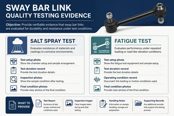 Quality testing documentation for sway bar links including salt spray and fatigue tests