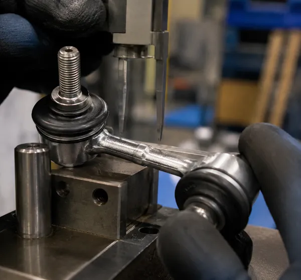 A close-up shot of a stabilizer link being inspected in a factory