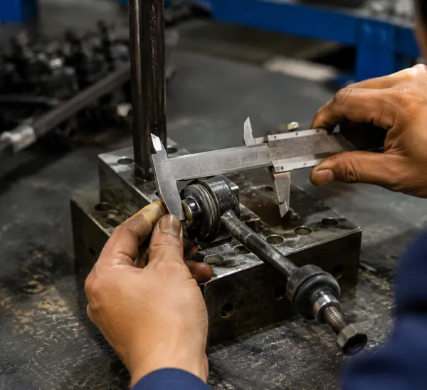 A quality control inspector using calipers to measure a stabilizer link
