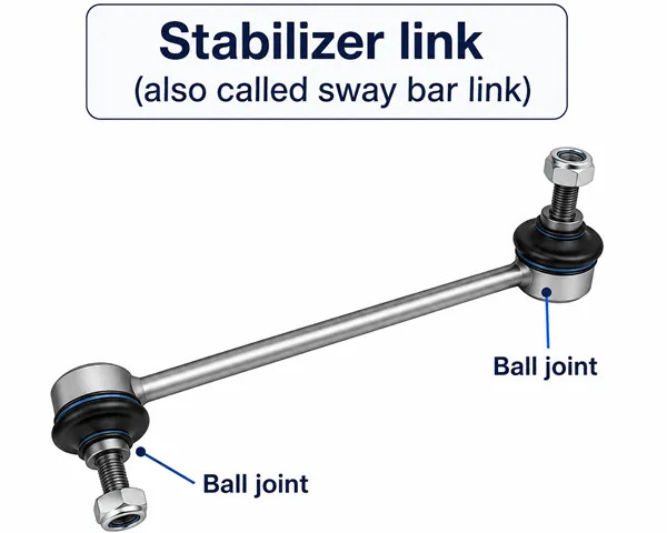 Stabilizer link or sway bar link identification diagram showing two ball joints and a metal rod stabilizer link vs sway bar link same part