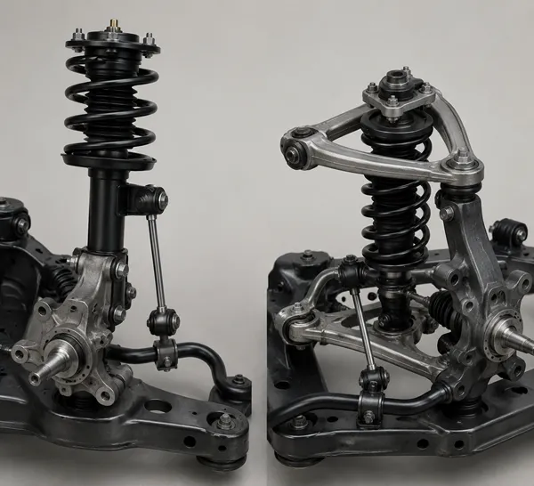 Comparison of MacPherson strut and double wishbone suspension showing sway bar link attachment points macpherson strut vs double wishbone sway bar link connection points