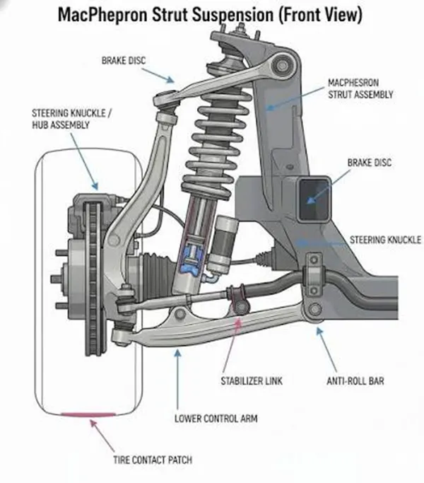 Sway bar link behind strut body on 2018 Toyota Camry front suspension sway bar link behind strut on macpherson strut