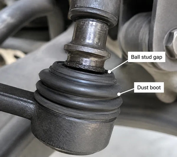 Sway bar link boot condition and ball stud gap inspection Dust boot and ball stud gap as early sway bar link failure indicators