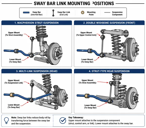 Sway bar link mounting positions by suspension type