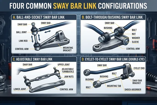 Four common sway bar link configurations types of sway bar links including ball joint bushing hybrid and adjustable designs